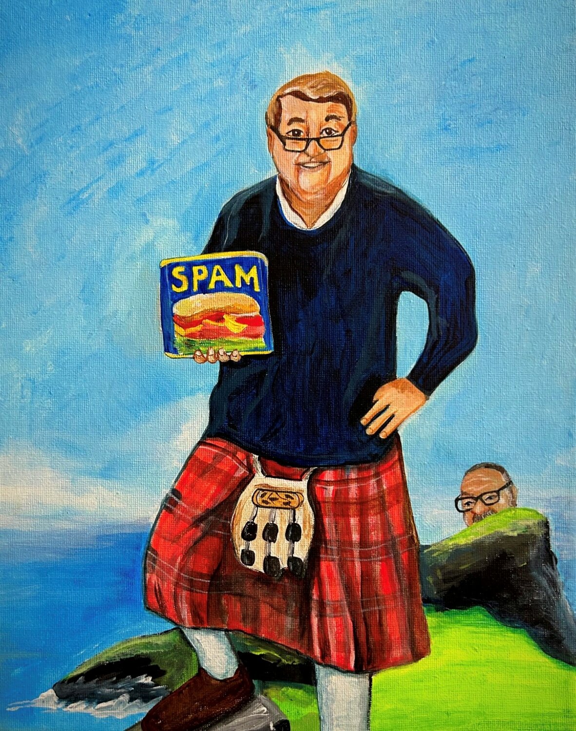 The painting of Jim Wilson, Callicoon Brewing Company owner and "Ciliberto & Friends" guest, in a kilt—holding up a can of SPAM.
